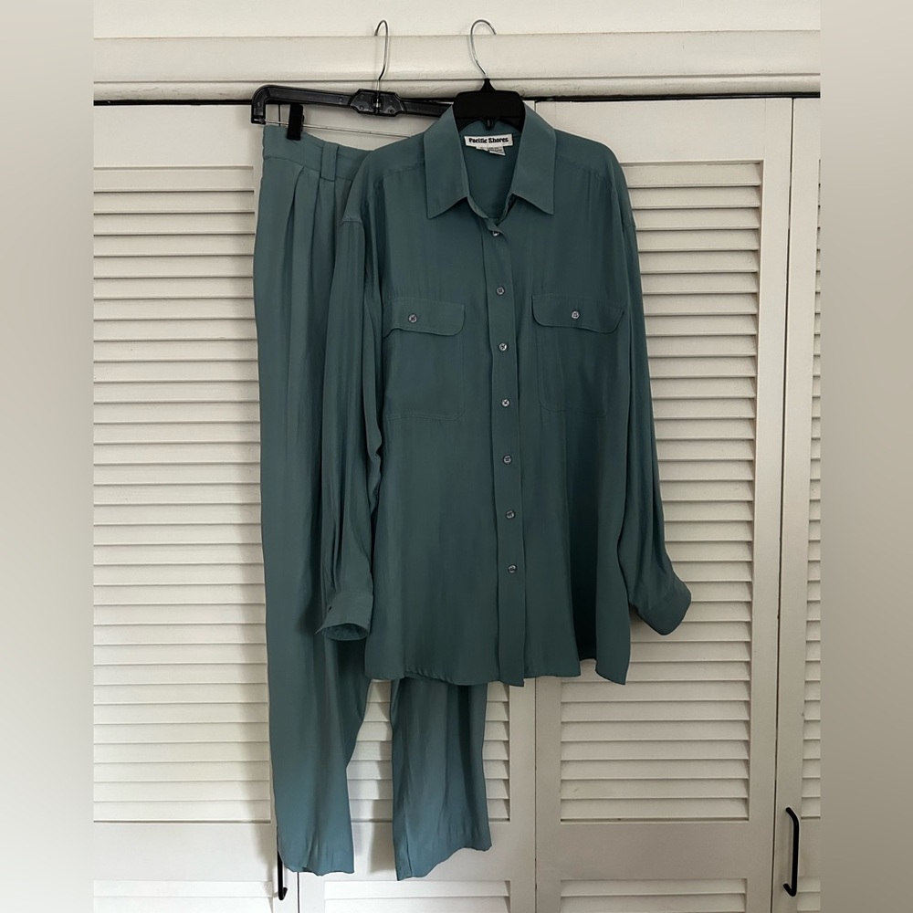 Vintage Teal Blue Silk Trouser Blouse Set